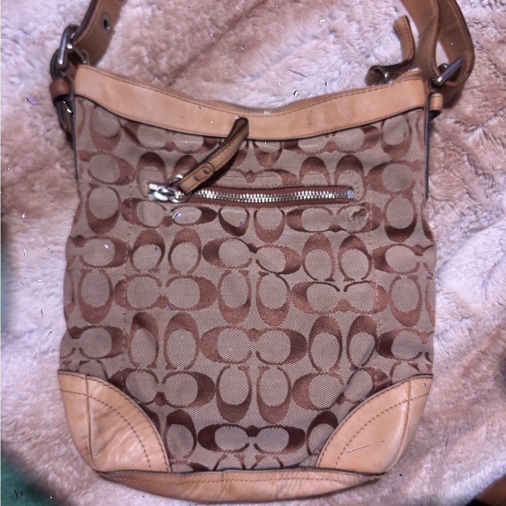 Coach Tan and Brown Signature Shoulder Bag